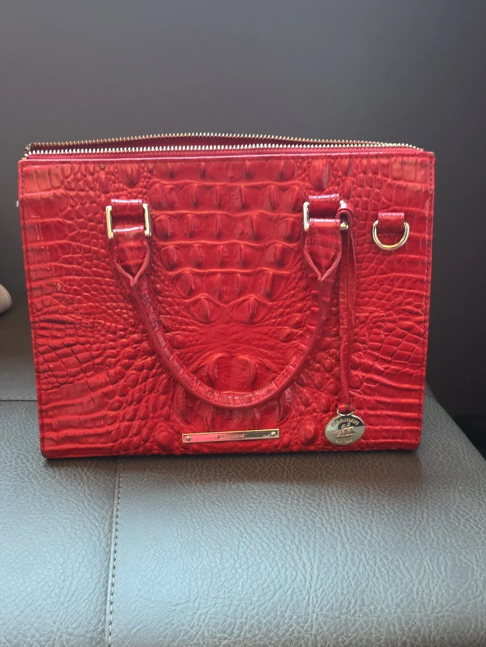 Brahmin Red Croc-Embossed Satchel with Gold Hardware